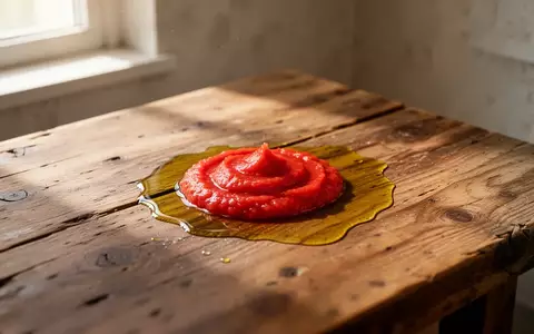 Vibrant red tomato paste with a drizzle of golden olive oil on a wooden table. - Foto: über boerse-global.de