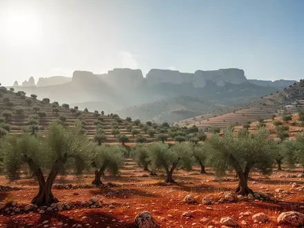 HĂĽgelige Landschaft im SĂĽdlibanon mit Olivenhainen unter einem sonnigen, wolkenlosen Himmel. - Foto: ĂĽber boerse-global.de