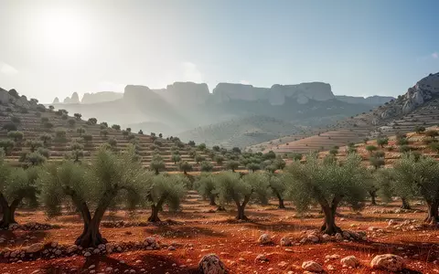 HĂĽgelige Landschaft im SĂĽdlibanon mit Olivenhainen unter einem sonnigen, wolkenlosen Himmel. - Foto: ĂĽber boerse-global.de