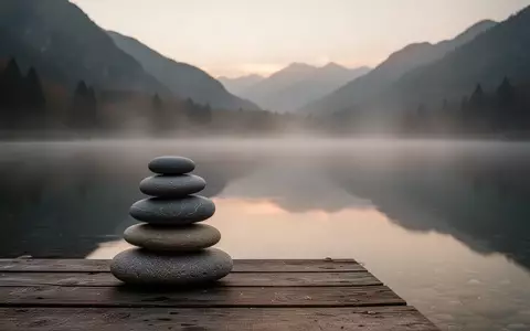 Eine ruhige Bergsee-Landschaft mit einem Stapel aus glatten Kieselsteinen auf einem Holzsteg bei sanftem Dämmerlicht. - Foto: über boerse-global.de