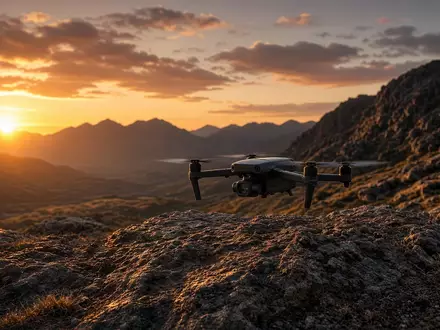 Eine moderne Drohne startet bei Sonnenuntergang von einem abgelegenen Testgelände. - Foto: über boerse-global.de