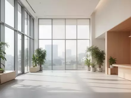Heller, minimalistischer Innenraum eines modernen Bürogebäudes mit großen Fenstern, Tageslicht und Zimmerpflanzen. - Foto: über boerse-global.de