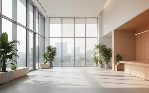 Heller, minimalistischer Innenraum eines modernen Bürogebäudes mit großen Fenstern, Tageslicht und Zimmerpflanzen. - Foto: über boerse-global.de