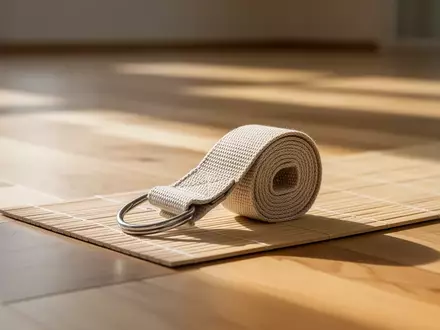 Ein ordentlich gefalteter Yogagurt mit D-Ring liegt auf einer Yoga-Matte auf einem hellen Holzboden. - Foto: über boerse-global.de