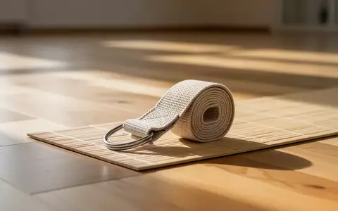 Ein ordentlich gefalteter Yogagurt mit D-Ring liegt auf einer Yoga-Matte auf einem hellen Holzboden. - Foto: über boerse-global.de