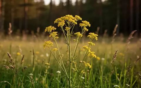 Nahaufnahme einer blühenden Bupleurum-Pflanze auf einer sonnigen Wiese in natürlichem Licht. - Foto: über boerse-global.de