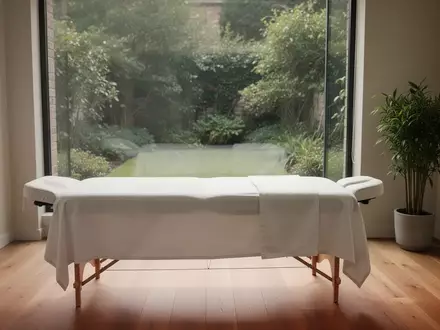 Ein heller, minimalistischer Therapieraum mit einer Massageliege vor einem Fenster mit Blick in einen Garten. - Foto: über boerse-global.de
