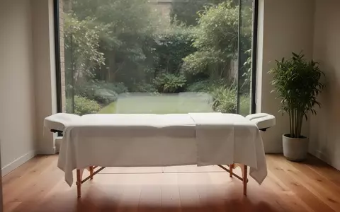 Ein heller, minimalistischer Therapieraum mit einer Massageliege vor einem Fenster mit Blick in einen Garten. - Foto: über boerse-global.de