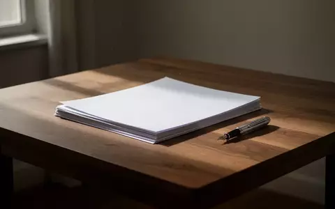 Ein leerer Schreibtisch mit einem Stapel weißem Papier und einem Füllfederhalter in einem ruhig beleuchteten Raum. - Foto: über boerse-global.de
