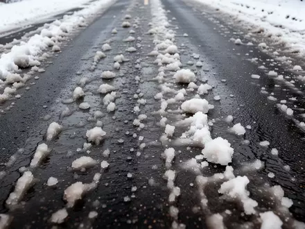 Nahaufnahme einer mit Schneematsch bedeckten Asphaltstraße bei winterlichen Wetterverhältnissen. - Foto: über boerse-global.de