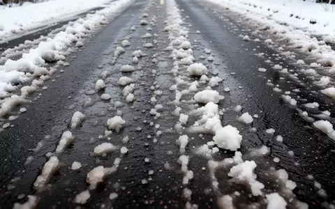 Nahaufnahme einer mit Schneematsch bedeckten Asphaltstraße bei winterlichen Wetterverhältnissen. - Foto: über boerse-global.de