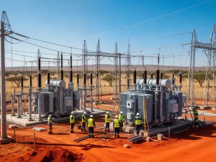 Arbeiter an einem modernen Umspannwerk auf einer Baustelle in Afrika bei hellem Tageslicht. - Foto: über boerse-global.de