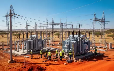Arbeiter an einem modernen Umspannwerk auf einer Baustelle in Afrika bei hellem Tageslicht. - Foto: über boerse-global.de