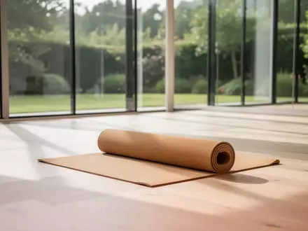 Ein heller, minimalistischer Yogaraum mit einem aufgerollten Kork-Yogamatte auf einem hellen Holzboden. - Foto: über boerse-global.de