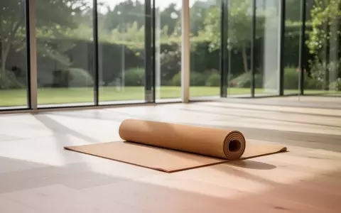 Ein heller, minimalistischer Yogaraum mit einem aufgerollten Kork-Yogamatte auf einem hellen Holzboden. - Foto: über boerse-global.de