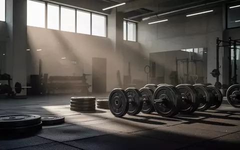Leerer, minimalistischer Fitnessraum mit gestapelten Hantelscheiben auf einem Gummiboden in natürlichem Licht. - Foto: über boerse-global.de
