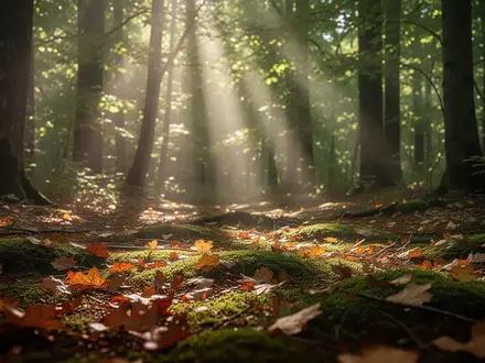 Sonnenstrahlen, die durch ein Waldgebiet auf den herbstlichen Waldboden fallen. - Foto: über boerse-global.de