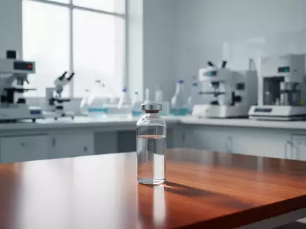 Ein minimalistisches Labor mit hochwertigen Analysegeräten und einem Glasfläschchen auf einem Holztisch. - Foto: über boerse-global.de