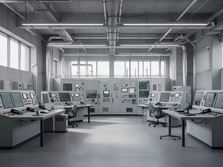 Ein minimalistischer, moderner Kontrollraum eines Versorgungsunternehmens mit klaren architektonischen Linien und Tageslicht. - Foto: über boerse-global.de