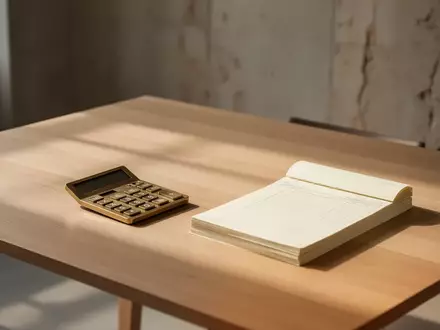 Ein minimalistischer, heller Bürotisch mit einem Taschenrechner und unbeschriebenen Unterlagen in einem modern gestalteten Raum. - Foto: über boerse-global.de