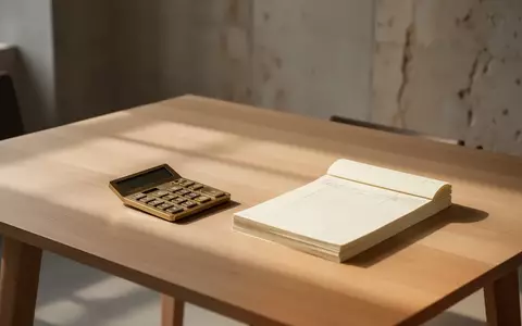 Ein minimalistischer, heller Bürotisch mit einem Taschenrechner und unbeschriebenen Unterlagen in einem modern gestalteten Raum. - Foto: über boerse-global.de