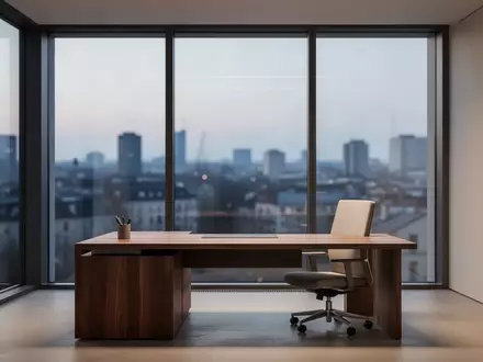 Ein minimalistisches, modernes Büro mit großen Fenstern und Blick auf eine Stadt bei Dämmerung, ohne Geräte oder Bildschirme. - Foto: über boerse-global.de