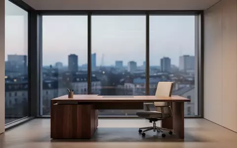 Ein minimalistisches, modernes Büro mit großen Fenstern und Blick auf eine Stadt bei Dämmerung, ohne Geräte oder Bildschirme. - Foto: über boerse-global.de