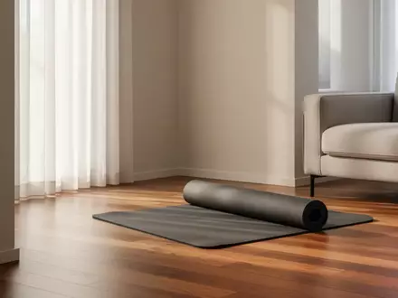 Eine minimalistische, sonnendurchflutete Ecke in einem Wohnzimmer mit einer aufgerollten Fitnessmatte auf dem Boden. - Foto: über boerse-global.de