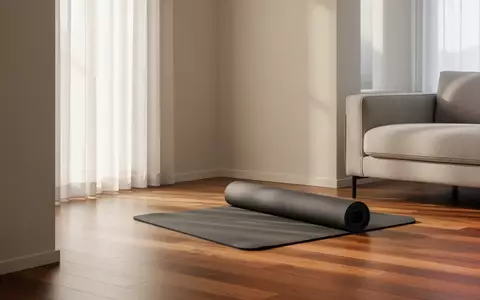 Eine minimalistische, sonnendurchflutete Ecke in einem Wohnzimmer mit einer aufgerollten Fitnessmatte auf dem Boden. - Foto: über boerse-global.de