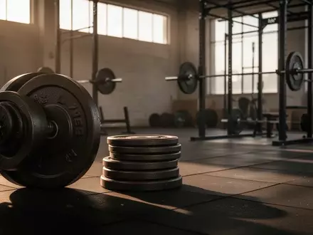 Leeres Fitnessstudio mit gestapelten Hantelscheiben und Hantelstangen in der Morgensonne. - Foto: über boerse-global.de