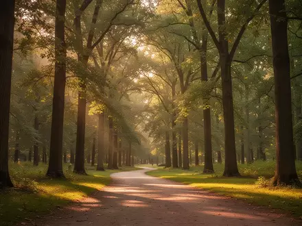 Ein sonnendurchfluteter Waldweg in einem Park, der zu einem gesunden und aktiven Lebensstil einlädt. - Foto: über boerse-global.de