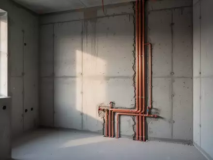 Rohbau eines modernen Badezimmers mit freiliegenden Wasserleitungen in einer Betonwand. - Foto: über boerse-global.de