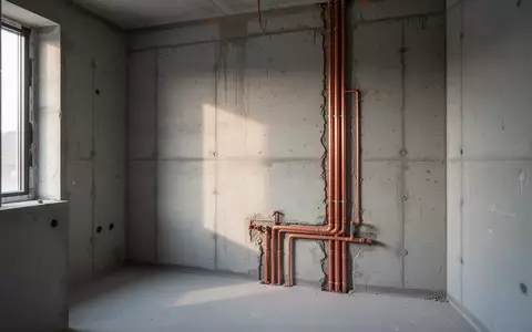 Rohbau eines modernen Badezimmers mit freiliegenden Wasserleitungen in einer Betonwand. - Foto: über boerse-global.de