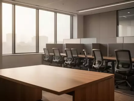 Ein leerer, aufgeräumter Arbeitsplatz in einem modernen Bürogebäude bei natürlichem Tageslicht. - Foto: über boerse-global.de