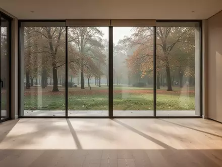 Ein heller, minimalistisch gestalteter Raum mit Holzboden und herbstlichem Blick durch ein großes Fenster. - Foto: über boerse-global.de