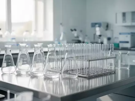 Ein steriler, heller medizinischer Laborraum mit leeren Glasbechern und Reagenzgläsern auf einer Edelstahlarbeitsfläche. - Foto: über boerse-global.de