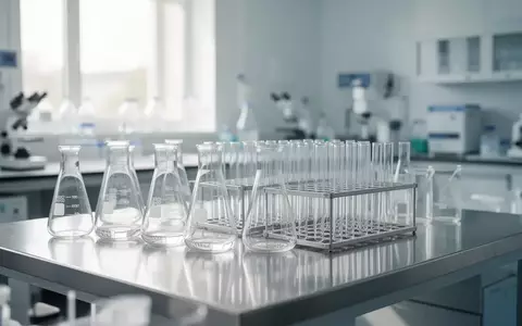 Ein steriler, heller medizinischer Laborraum mit leeren Glasbechern und Reagenzgläsern auf einer Edelstahlarbeitsfläche. - Foto: über boerse-global.de
