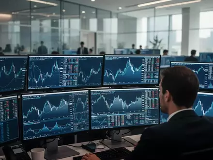 Ein Börsenhändler blickt auf mehrere Bildschirme mit komplexen Finanzdaten in einem modernen Bürogebäude. - Foto: über boerse-global.de