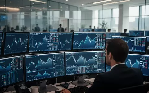 Ein Börsenhändler blickt auf mehrere Bildschirme mit komplexen Finanzdaten in einem modernen Bürogebäude. - Foto: über boerse-global.de