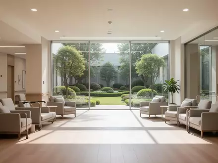 Heller, moderner Innenraum eines Pflegezentrums mit bodentiefen Fenstern und Blick in einen ruhigen Garten. - Foto: über boerse-global.de