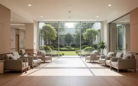 Heller, moderner Innenraum eines Pflegezentrums mit bodentiefen Fenstern und Blick in einen ruhigen Garten. - Foto: über boerse-global.de