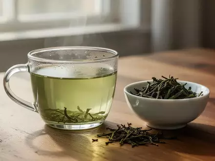 Eine Tasse grüner Tee und lose Teeblätter auf einem Holztisch bei natürlichem Licht. - Foto: über boerse-global.de