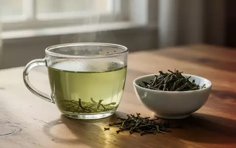 Eine Tasse grüner Tee und lose Teeblätter auf einem Holztisch bei natürlichem Licht. - Foto: über boerse-global.de