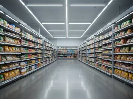 Ein moderner, leerer Supermarktgang nach Ladenschluss mit ordentlich eingeräumten Regalen bei kühler Beleuchtung. - Foto: über boerse-global.de