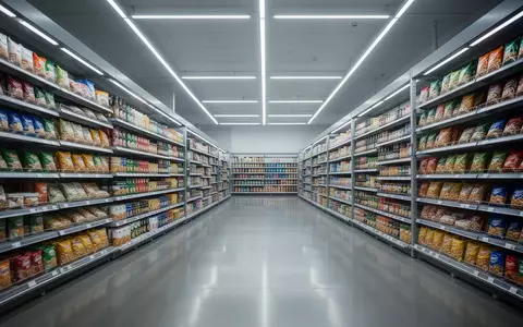 Ein moderner, leerer Supermarktgang nach Ladenschluss mit ordentlich eingeräumten Regalen bei kühler Beleuchtung. - Foto: über boerse-global.de
