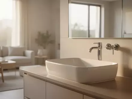 Ein helles, minimalistisches Badezimmer mit einem weißen Keramikwaschbecken in natürlichem Tageslicht. - Foto: über boerse-global.de