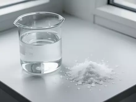 Ein Glasbecher mit klarem Wasser und eine kleine Menge weißer, kristalliner Pulver auf einem Labortisch. - Foto: über boerse-global.de