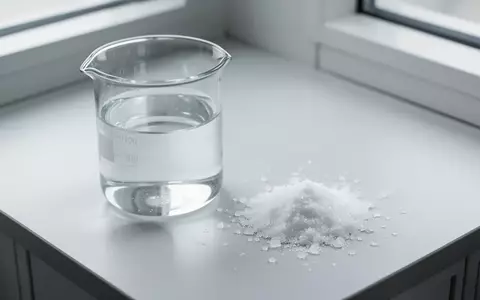 Ein Glasbecher mit klarem Wasser und eine kleine Menge weißer, kristalliner Pulver auf einem Labortisch. - Foto: über boerse-global.de