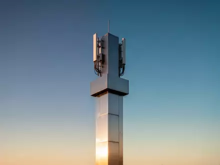 Ein moderner Mobilfunkmast vor einem klaren, blauen Himmel während der goldenen Stunde. - Foto: über boerse-global.de