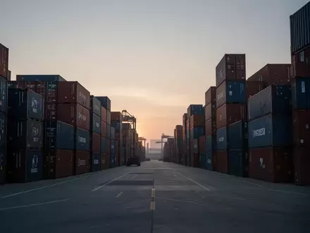 Ein großes, modernes Logistikzentrum für internationalen Warenverkehr mit gestapelten Containern im Dämmerlicht. - Foto: über boerse-global.de